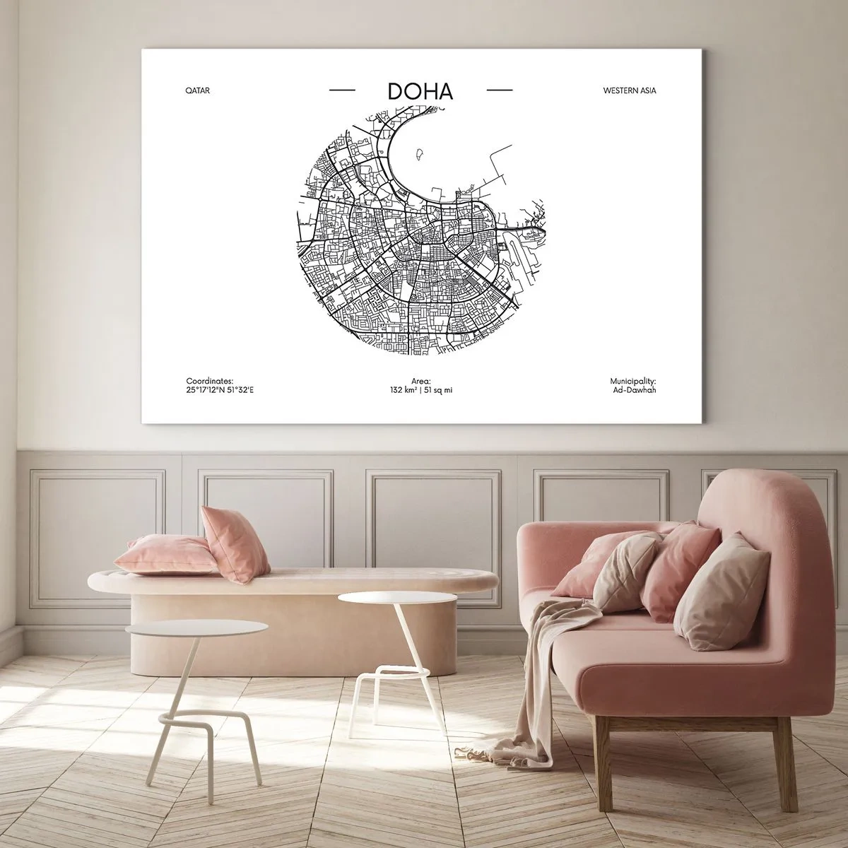 Obraz na szkle - Graficzna mapa Dohy w czarno-białym stylu minimalistycznym - 120x80cm - Anatomia Dohy - Nowoczesna dekoracja ścienna do salonu, kuchni i sypialni ARTTOR