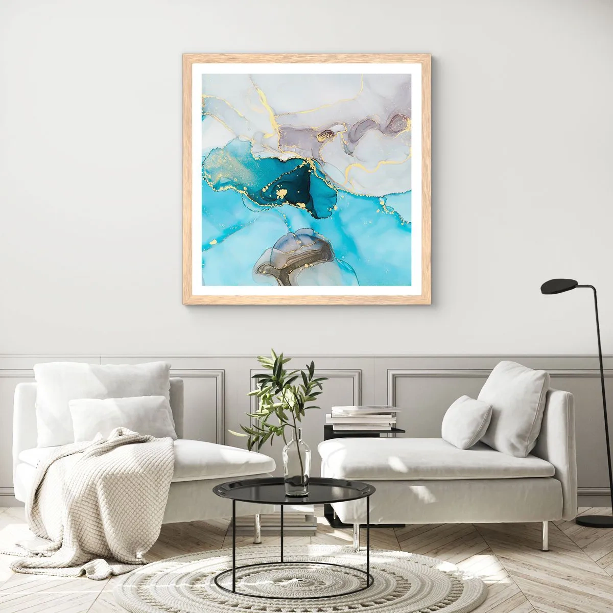 Plakat w ramie jasny dąb - Studium spotkania szarości z turkusem - 60x60 cm