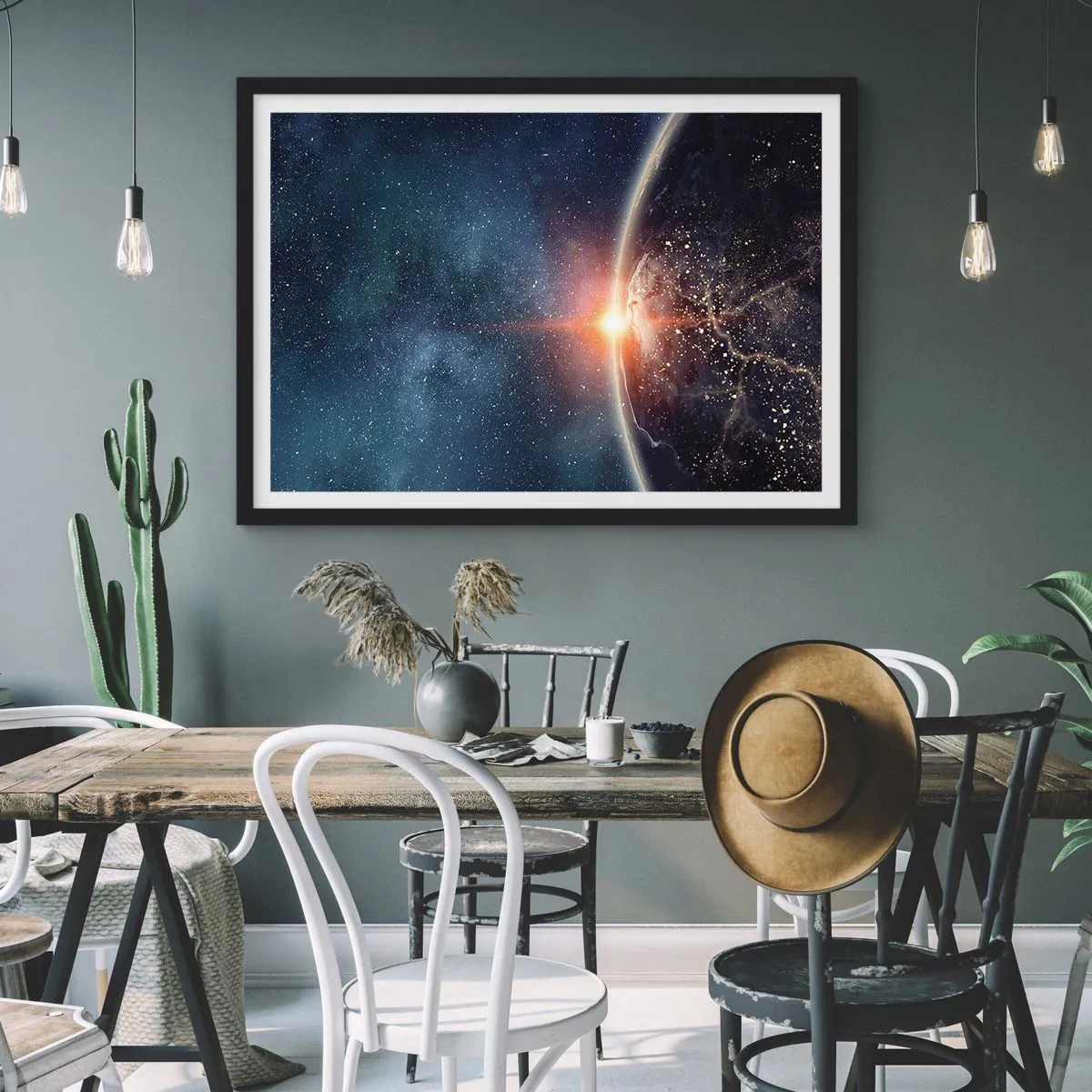 Plakat w czarnej ramie - Ziemia widziana z kosmosu z wschodzącym słońcem - 70x50cm - W nowej perspektywie - Nowoczesna dekoracja ścienna do salonu i sypialni ARTTOR