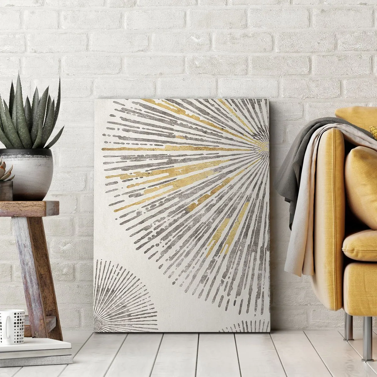 Obraz na płótnie - Abstrakcyjne promienie w złotych i beżowych odcieniach - 50x70cm - Uroda promienia - Nowoczesna dekoracja ścienna do salonu, kuchni i sypialni ARTTOR