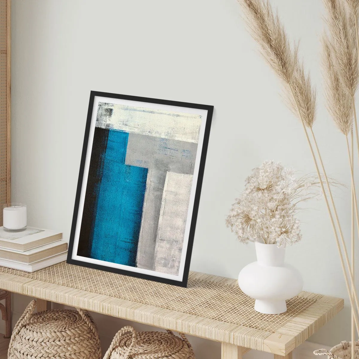 Plakat w czarnej ramie - Geometryczna abstrakcja w odcieniach niebieskiego i szarości - 50x70cm - Kompozycja poetycka szarości i błękitu - Nowoczesna dekoracja ścienna do salonu i sypialni ARTTOR