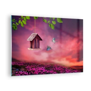 Obraz na szkle - Karmnik dla ptaków na tle różowego nieba - 70x50cm - Zaproszenie na kolację - Nowoczesna dekoracja ścienna do salonu i sypialni ARTTOR