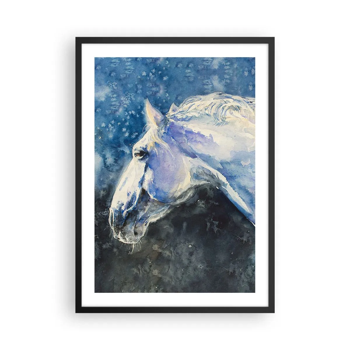 Plakat w czarnej ramie - Portret konia w błękitnej akwarelowej tonacji - 50x70cm - Portret w błękitnej poświacie - Nowoczesna dekoracja ścienna do salonu i sypialni ARTTOR