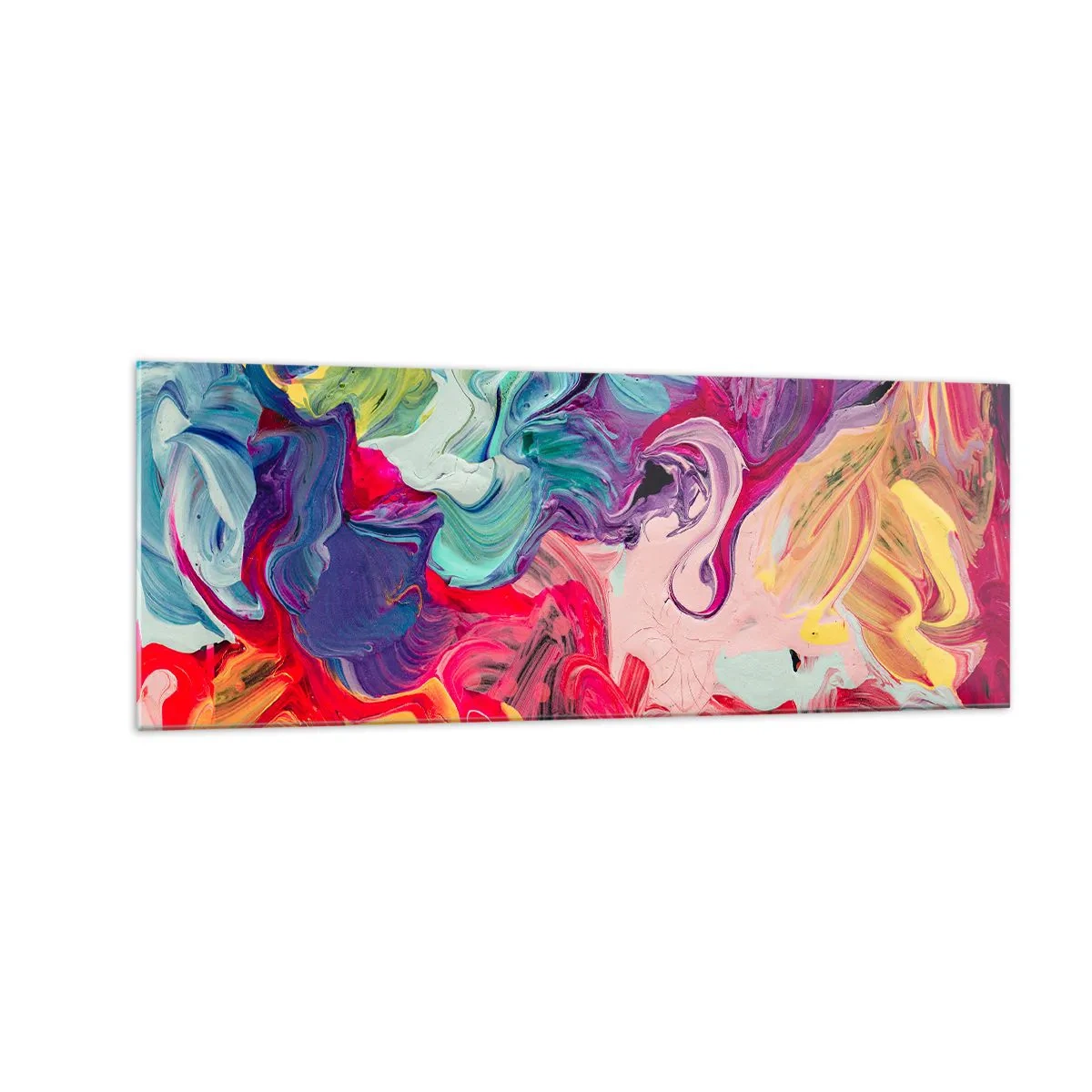 Obraz na szkle - Abstrakcyjna kompozycja z żywymi, wirującymi kolorami i dynamiczną strukturą - 140x50cm - Narodziny barw - Nowoczesna dekoracja ścienna do salonu i sypialni ARTTOR