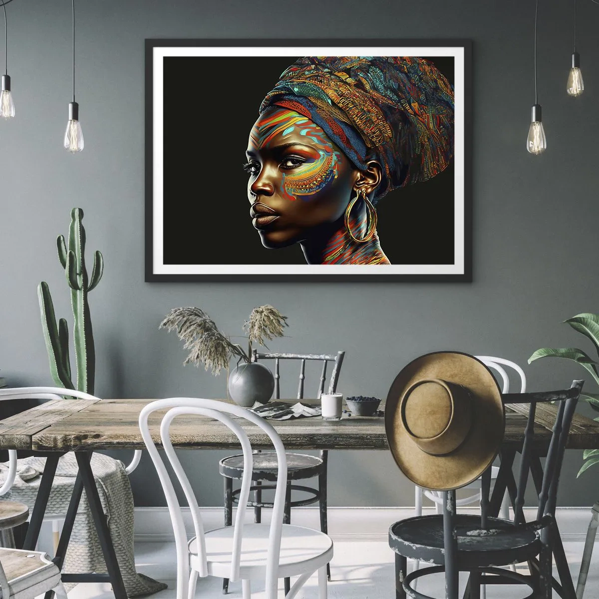 Plakat w czarnej ramie - Portret kobiety z kolorowym wzorem i turbanem - 70x50cm - Afrykańska królowa - Nowoczesna dekoracja ścienna do salonu i sypialni ARTTOR