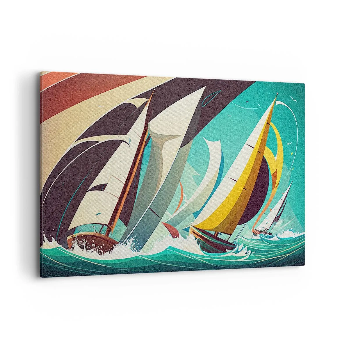 Obraz na płótnie - Dynamiczna ilustracja żaglówek na wzburzonym morzu - 120x80cm - Z żywiołami za pan brat - Nowoczesna dekoracja ścienna do salonu, kuchni i sypialni ARTTOR