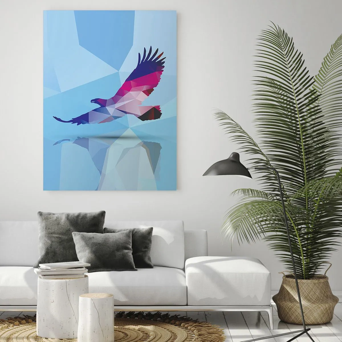 Obraz na szkle - Geometryczna sylwetka orła w locie na niebieskim tle - 70x100cm - Orzeł w liliowym krysztale - Nowoczesna dekoracja ścienna do salonu i sypialni ARTTOR