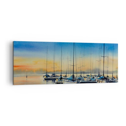 Obraz na płótnie - Port jachtowy o zachodzie słońca z odbiciami na wodzie - 140x50cm - Koniec dobrego dnia - Nowoczesna dekoracja ścienna do salonu i sypialni ARTTOR