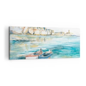 Obraz na płótnie - Malowniczy krajobraz nadmorski z łodziami na wodzie - 120x50cm - Pejzaż w lazurze - Nowoczesna dekoracja ścienna do salonu i sypialni ARTTOR