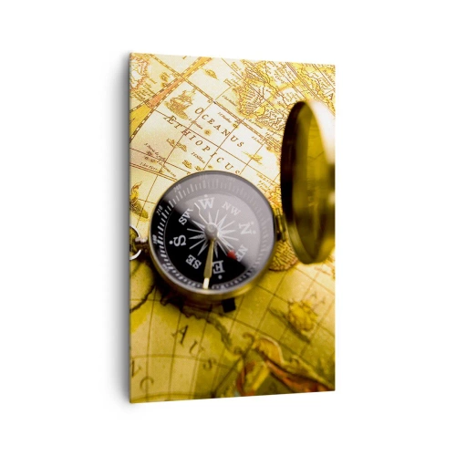 Obraz na płótnie - Zabytkowy kompas na tle starej mapy świata - 80x120cm - A może na kraniec świata? - Nowoczesna dekoracja ścienna do salonu i sypialni ARTTOR