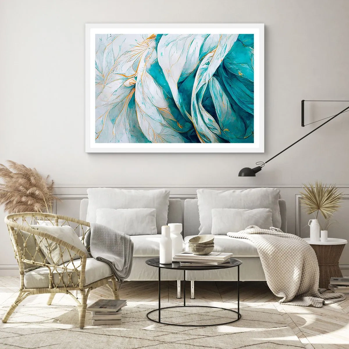 Plakat w białej ramie - Błękitna abstrakcja z motywem złota - 40x30 cm