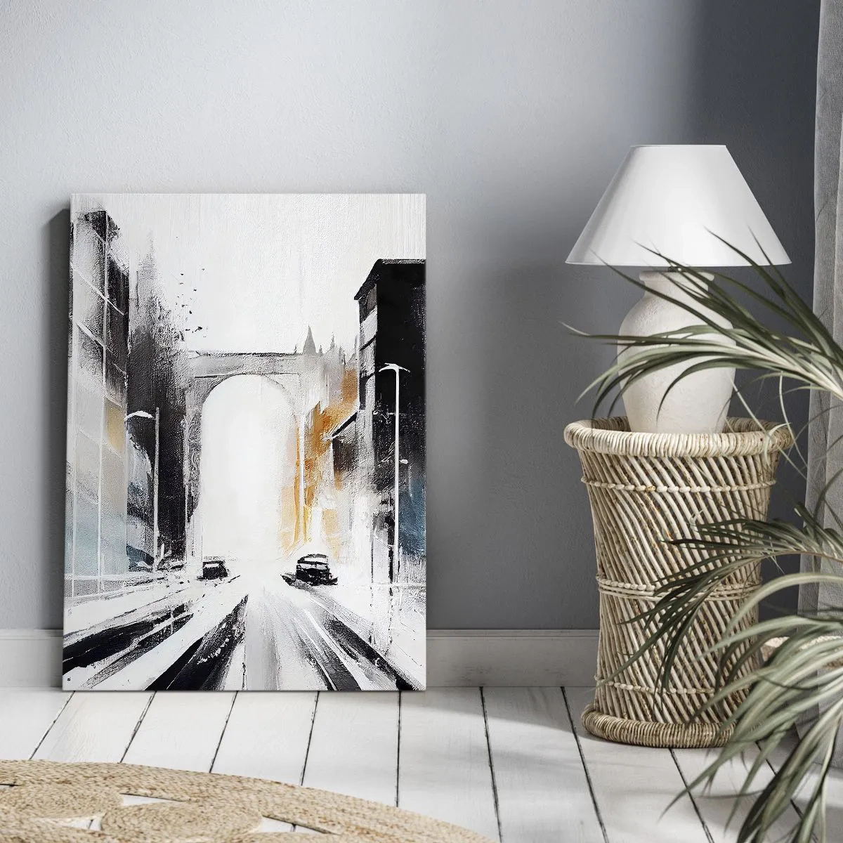 Obraz na płótnie - Nowoczesna impresja miejskiej ulicy z łukiem triumfalnym w tle - 50x70cm - Studium miasta: architektura i ruch - Nowoczesna dekoracja ścienna do salonu, kuchni i sypialni ARTTOR