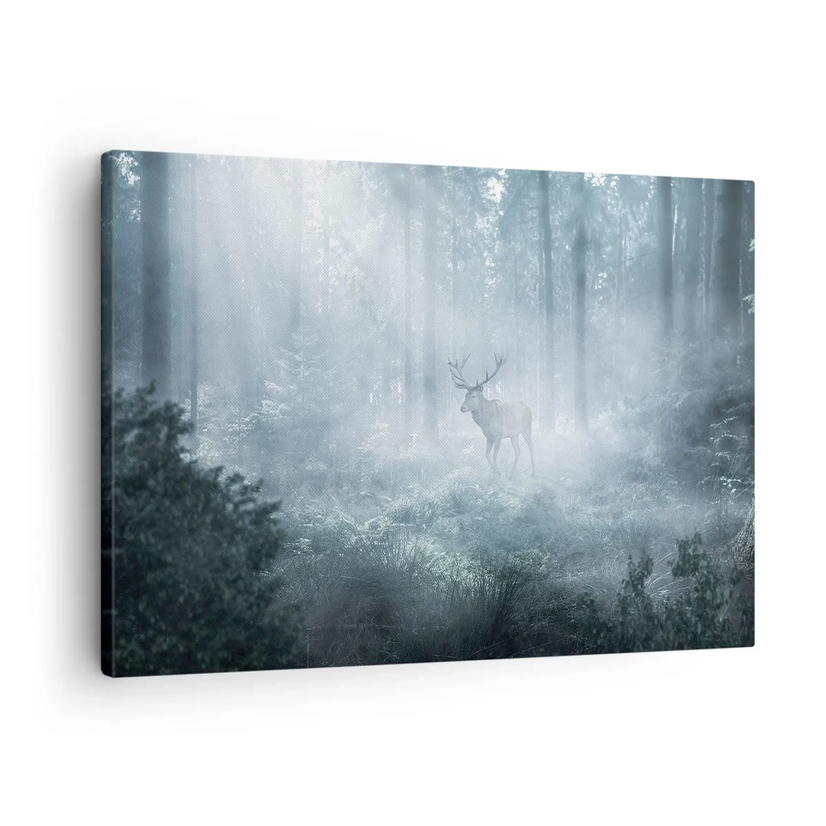 Obraz na płótnie - Poranny obchód włości - Jeleń w gęstym lesie spowitym poranną mgłą - 70x50cm