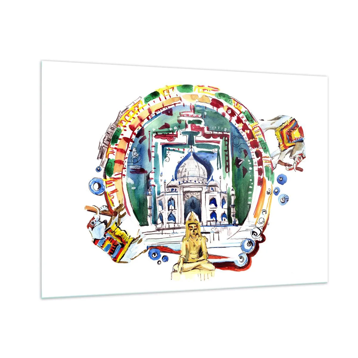 Obraz na szkle - Kolorowa ilustracja zabytków Indii w stylu akwareli - 100x70cm - Hinduska równowaga świata - Nowoczesna dekoracja ścienna do salonu, kuchni i sypialni ARTTOR