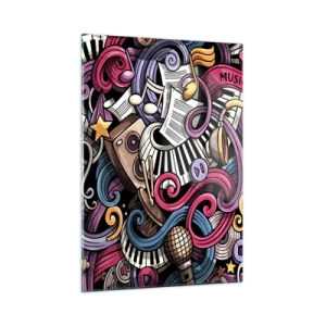 Obraz na szkle - Kolorowe motywy muzyczne z nutami i instrumentami - 50x70cm - Skomplikowana melodia - Nowoczesna dekoracja ścienna do salonu, kuchni i sypialni ARTTOR