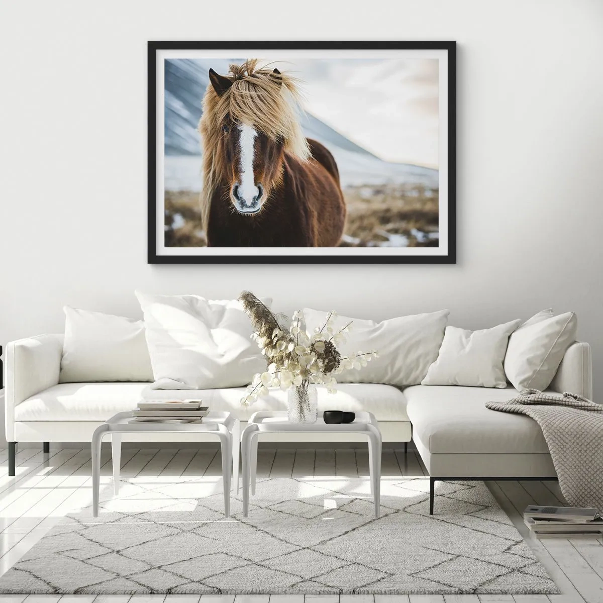 Plakat w czarnej ramie - Koń islandzki na tle górskiego krajobrazu - 70x50cm - Czujesz wolność? - Nowoczesna dekoracja ścienna do salonu i sypialni ARTTOR