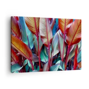 Obraz na płótnie - Kolorowe liście tropikalnych roślin w gąszczu - 70x50cm - Kolorowy gąszcz - Nowoczesna dekoracja ścienna do salonu i sypialni ARTTOR