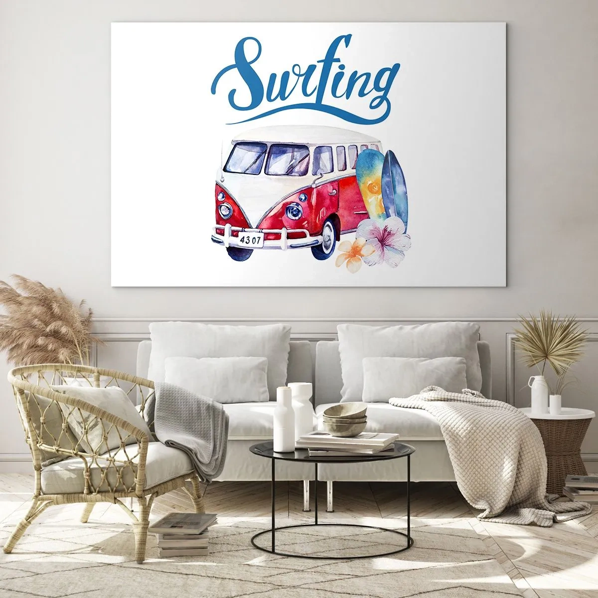 Obraz na szkle - Motyw surfingu z vanem i deskami - 100x70cm - Ogórek - klasyk dla surfera - Nowoczesna dekoracja ścienna do salonu, kuchni i sypialni ARTTOR