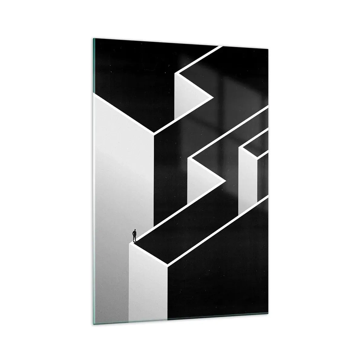 Obraz na szkle - Czarna i biała abstrakcyjna przestrzeń z samotną postacią na krawędzi - 70x100cm - Samotność na szczycie - Nowoczesna dekoracja ścienna do salonu i sypialni ARTTOR
