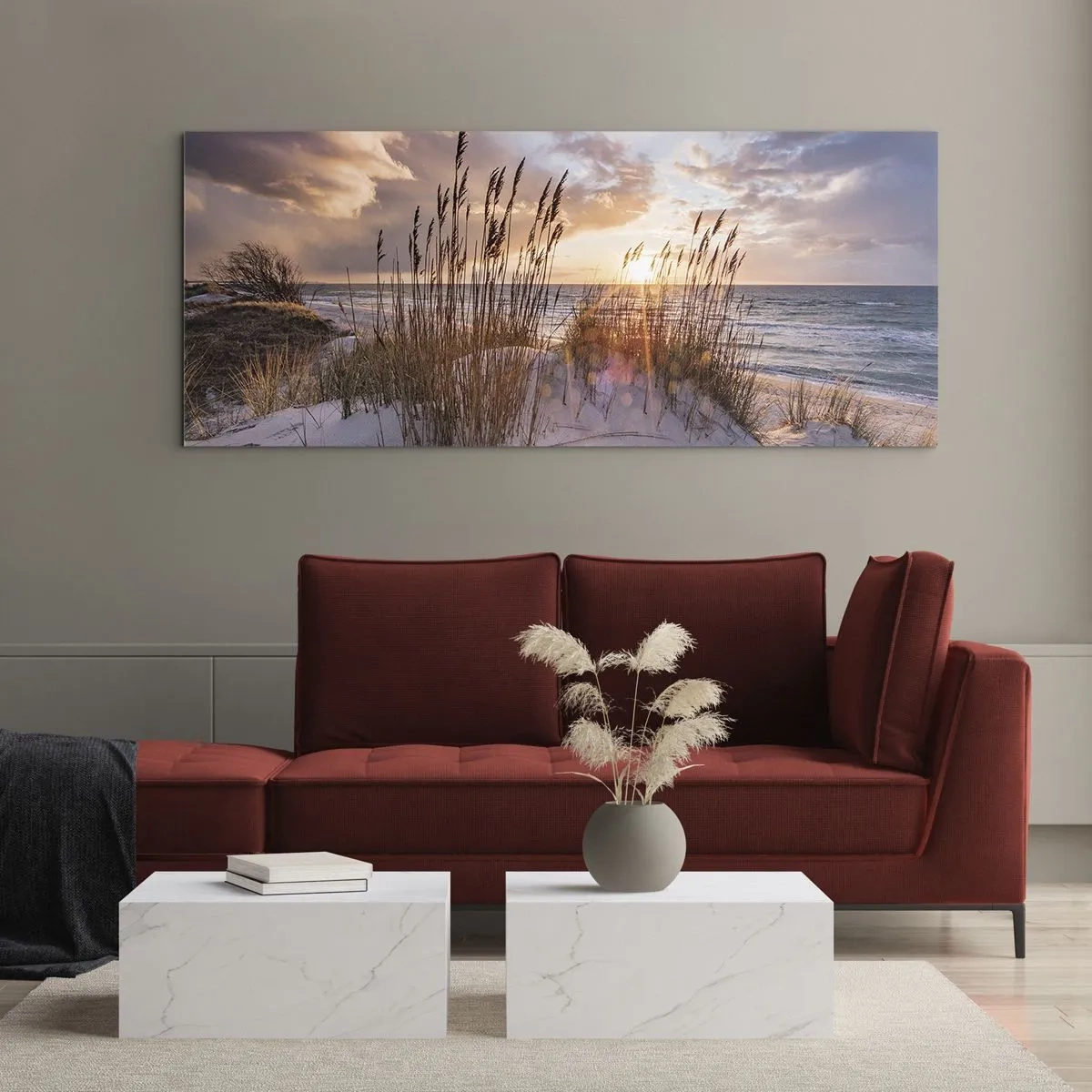 Obraz na szkle - Wydmy z trawami na tle zachodzącego słońca - 120x50cm - Pożegnanie słońca i wiatru - Nowoczesna dekoracja ścienna do salonu i sypialni ARTTOR