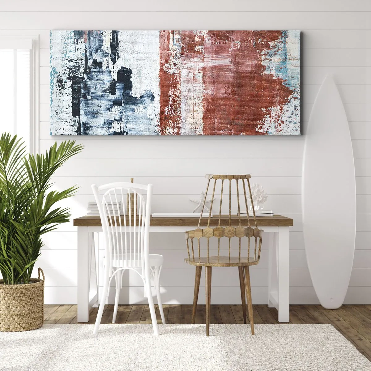 Obraz na płótnie - Abstrakcja w biało-niebieskich i ceglanych barwach - 160x50cm - Abstrakcyjne pół na pół - Nowoczesna dekoracja ścienna do salonu i sypialni ARTTOR
