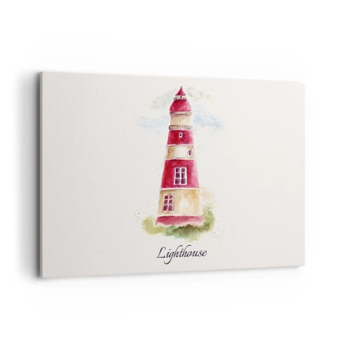 Obraz na płótnie - Akwarelowy obraz latarni morskiej na jasnym tle z napisem - 120x80cm - Wokół zawsze pogoda - Nowoczesna dekoracja ścienna do salonu, kuchni i sypialni ARTTOR