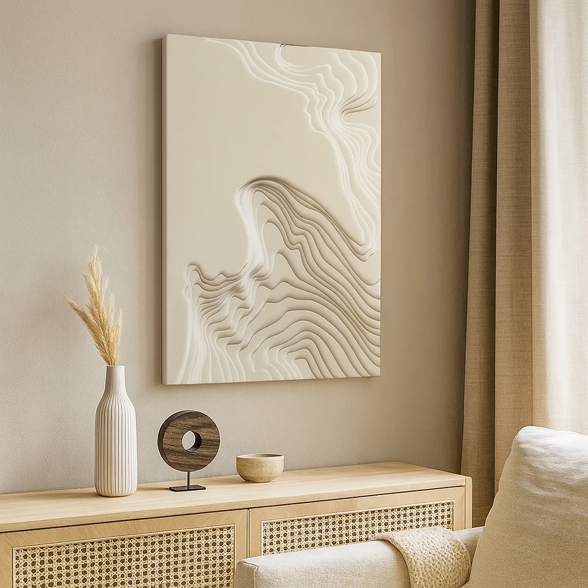 Obraz na płótnie - Abstrakcyjna kompozycja w odcieniach beżu i bieli z efektem topografii - 50x70cm - Topografia sztuki - Nowoczesna dekoracja ścienna do salonu, kuchni i sypialni ARTTOR