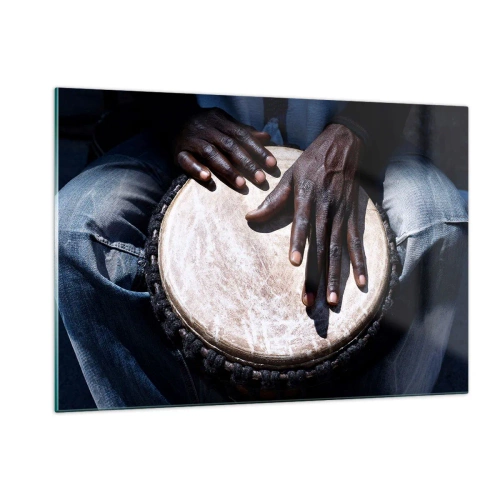 Obraz na szkle - Dłonie grające na bębnie djembe w bliskim ujęciu - 120x80cm - Żyj w swoim rytmie - Nowoczesna dekoracja ścienna do salonu, kuchni i sypialni ARTTOR