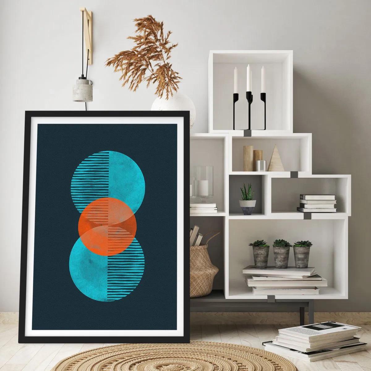 Plakat w czarnej ramie - Symetryczne koła w odcieniach błękitu i pomarańczy z liniami - 50x70cm - Kompozycja symetryczna - Nowoczesna dekoracja ścienna do salonu i sypialni ARTTOR