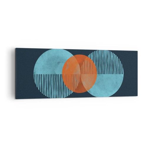 Obraz na płótnie - Geometryczne koła w odcieniach niebieskiego i pomarańczowego - 140x50cm - Kompozycja symetryczna - Nowoczesna dekoracja ścienna do salonu i sypialni ARTTOR