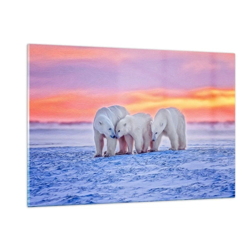 Obraz na szkle - Trzy niedźwiedzie polarne na śnieżnym tle o zachodzie słońca - 120x80cm - Wystarczy rodzinne ciepło - Nowoczesna dekoracja ścienna do salonu, kuchni i sypialni ARTTOR