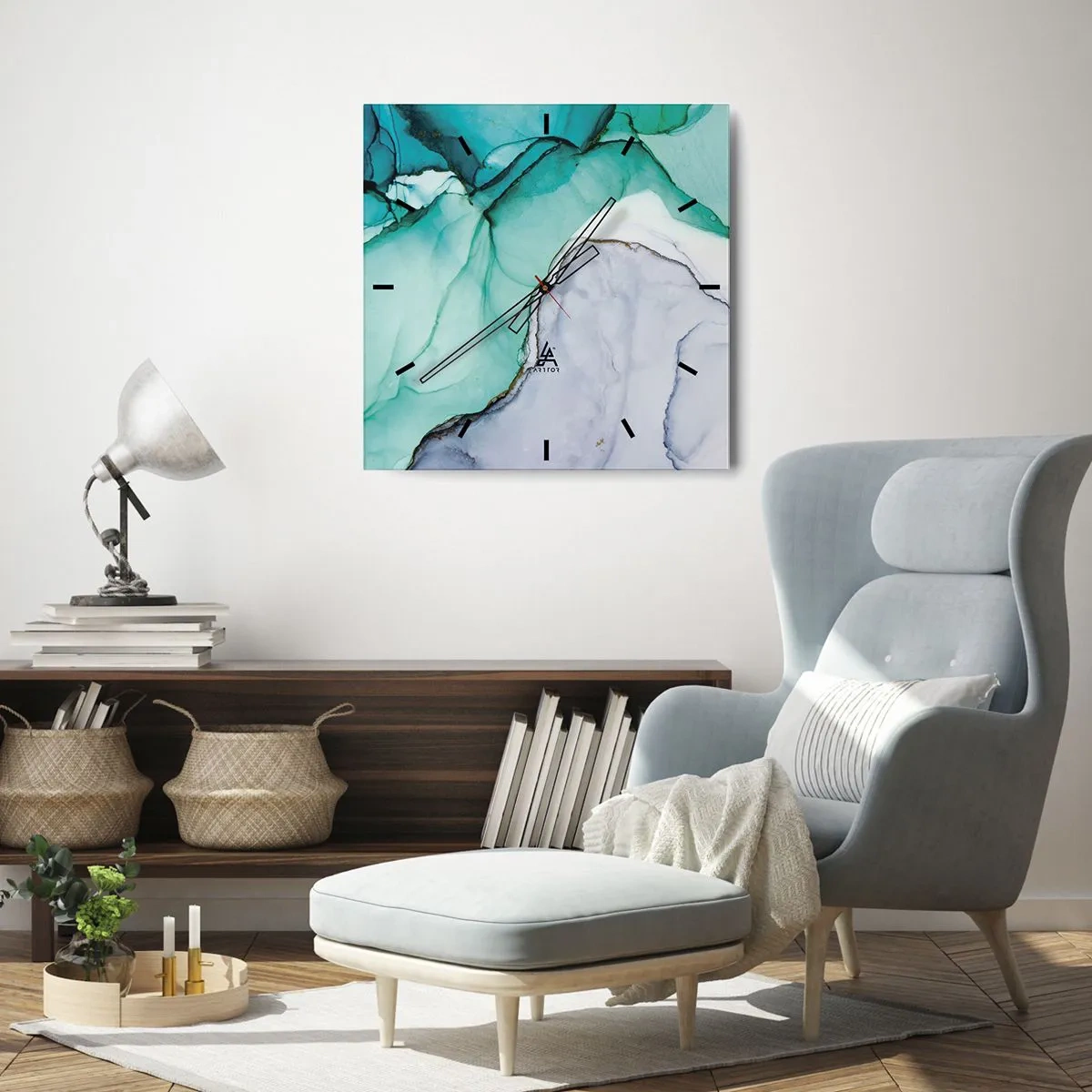 Zegar ścienny - Abstrakcyjny wzór w odcieniach turkusu i bieli - 30x30cm - Studium w turkusie - Nowoczesna dekoracja ścienna do salonu i sypialni ARTTOR