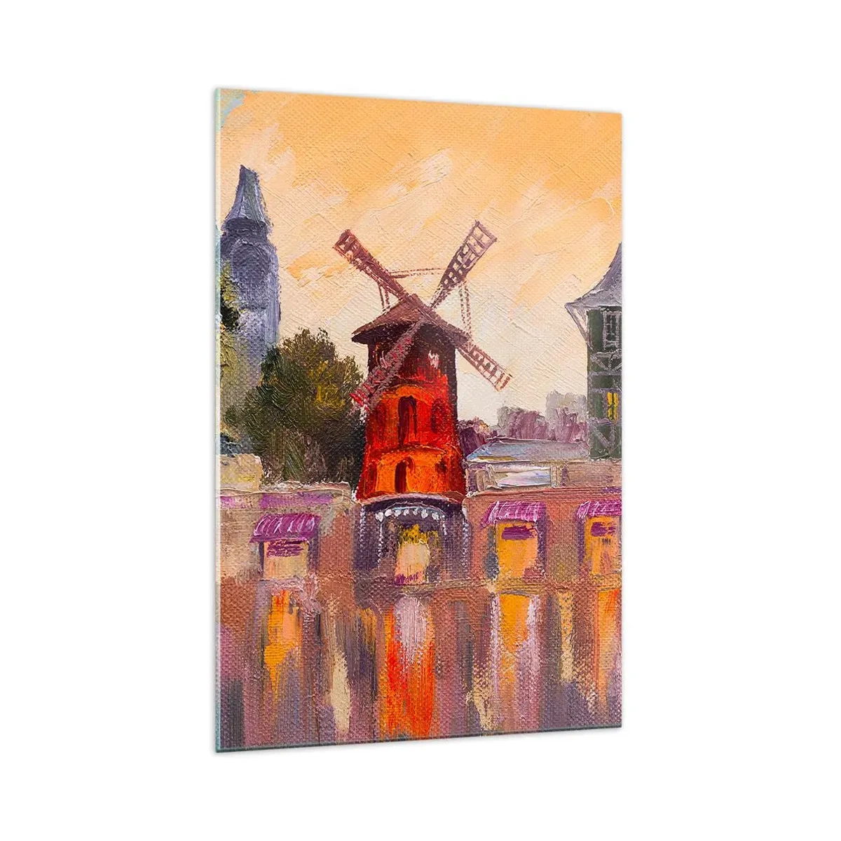 Obraz na szkle - Czerwony wiatrak Moulin Rouge otoczony miejskim pejzażem - 70x100cm - Paryskie ikony – Moulin Rouge - Nowoczesna dekoracja ścienna do salonu i sypialni ARTTOR