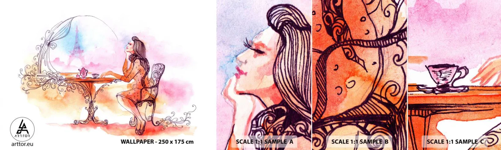 Fototapeta Próbka Samoprzylepna Deluxe Sticker - Paryski szyk - Paryż, Kobieta, Wieża Eiffla - 100x30 cm