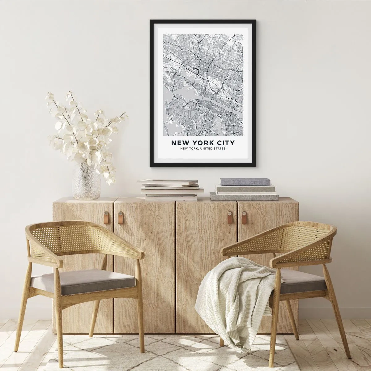 Plakat w czarnej ramie - Mapa New York City w minimalistycznym stylu - 50x70cm - Anatomia metropolii - Nowoczesna dekoracja ścienna do salonu i sypialni ARTTOR