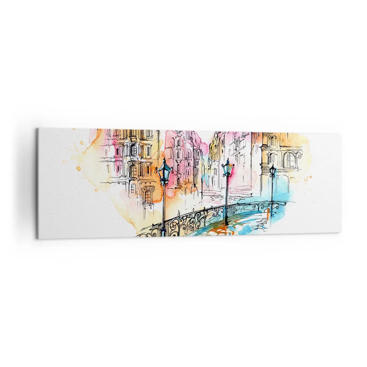 Obraz na płótnie - Akwarela mostu i kamienic w sercowym kształcie - 160x50cm - Serce miasta - Nowoczesna dekoracja ścienna do salonu i sypialni ARTTOR