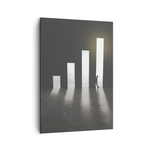Obraz na płótnie - Symboliczna sylwetka w świetle przejść o rosnącej wysokości na tle mglistych gór - 50x70cm - Sukces – impresja - Nowoczesna dekoracja ścienna do salonu, kuchni i sypialni ARTTOR
