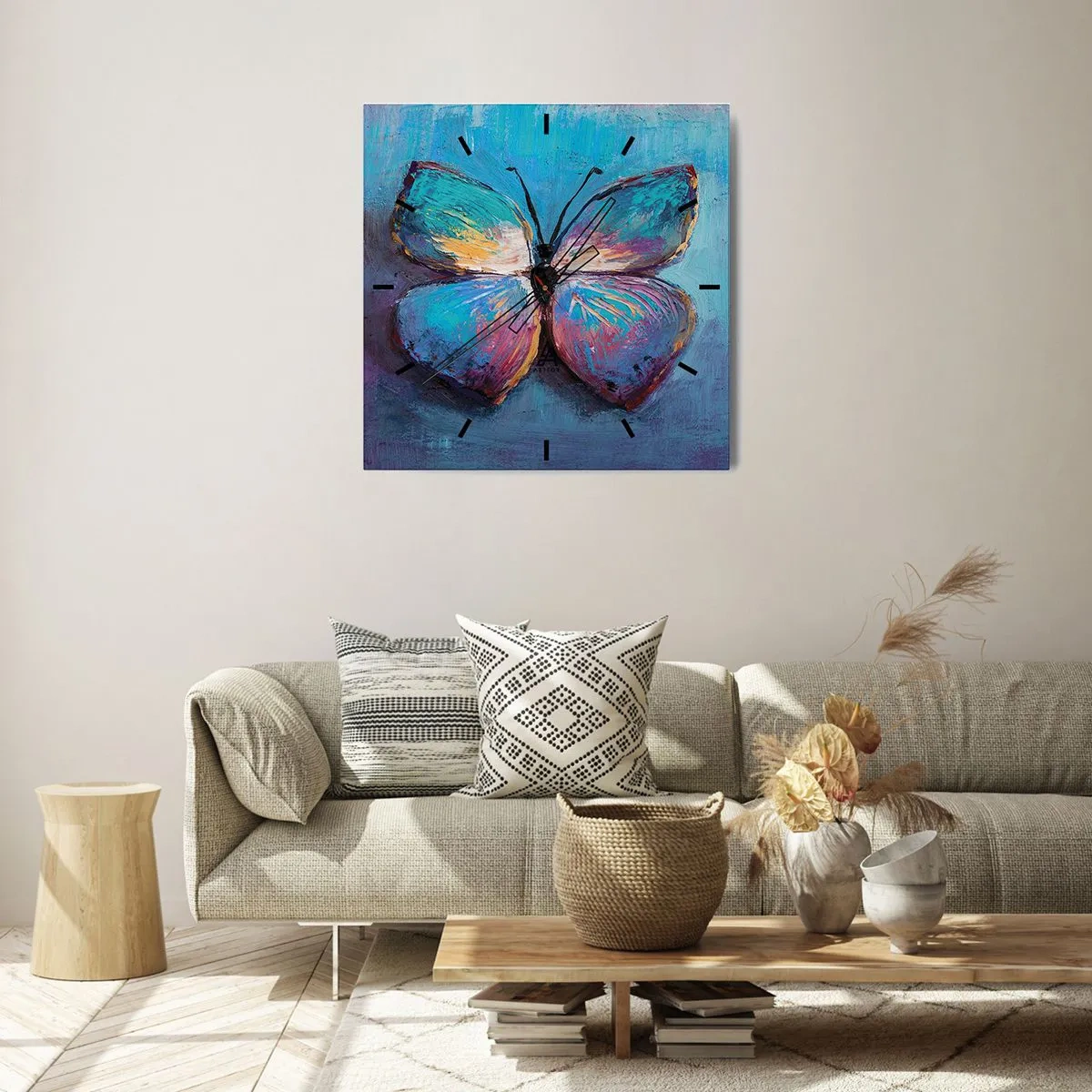 Zegar ścienny - Kolorowy motyl na niebieskim tle - 30x30cm - W pełnej krasie - Nowoczesna dekoracja ścienna do salonu i sypialni ARTTOR