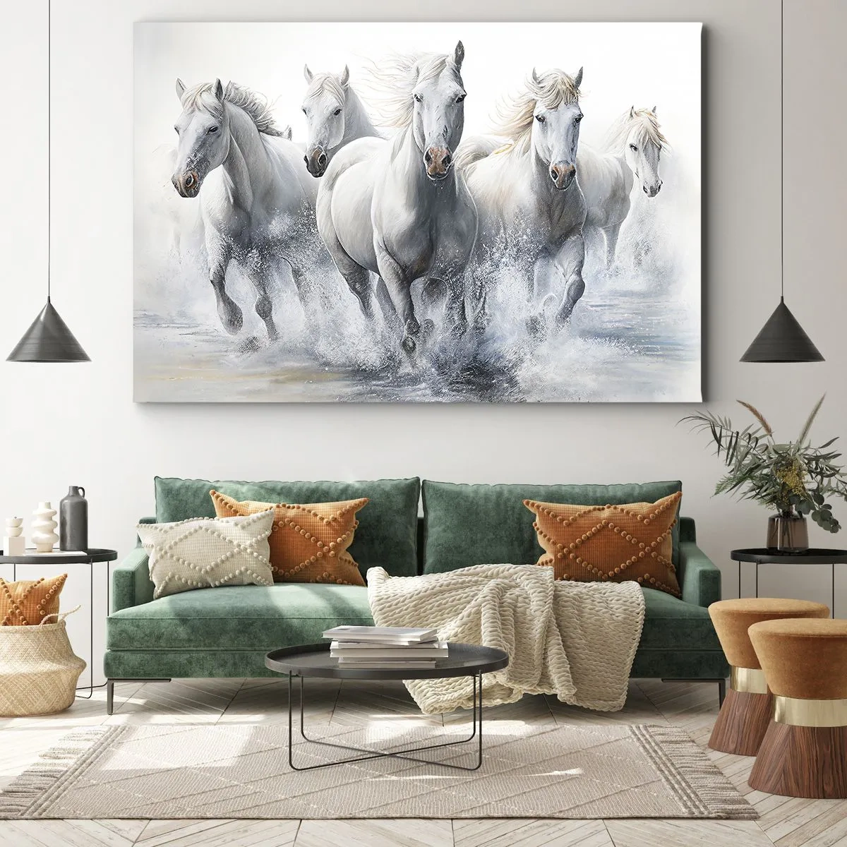 Obraz na płótnie - Białe konie galopujące przez wodę - 120x80cm - Biała magia - Nowoczesna dekoracja ścienna do salonu, kuchni i sypialni ARTTOR
