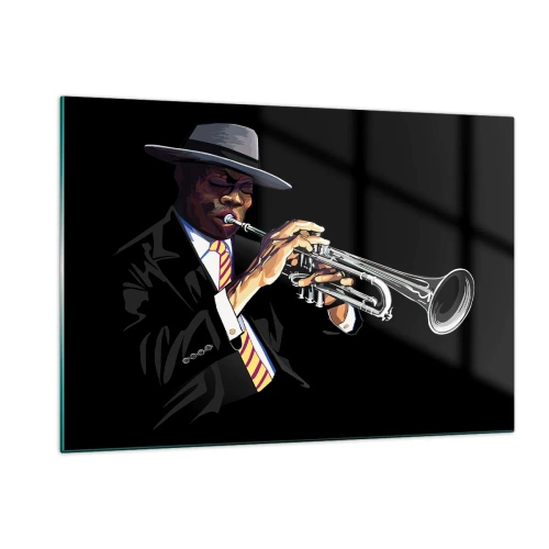 Obraz na szkle - Czarnoskóry muzyk z trąbką w kapeluszu na czarnym tle - 120x80cm - Czar starej szkoły - Nowoczesna dekoracja ścienna do salonu, kuchni i sypialni ARTTOR