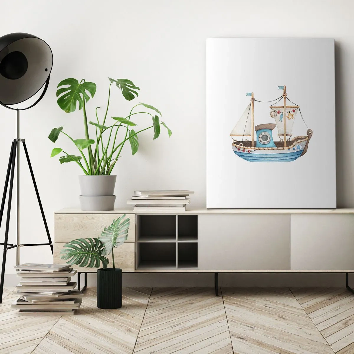 Obraz na płótnie - Urocza ilustracja drewnianego statku z żaglami w stylu marynistycznym - 50x70cm - Ahoj, przygodo! - Nowoczesna dekoracja ścienna do salonu, kuchni i sypialni ARTTOR