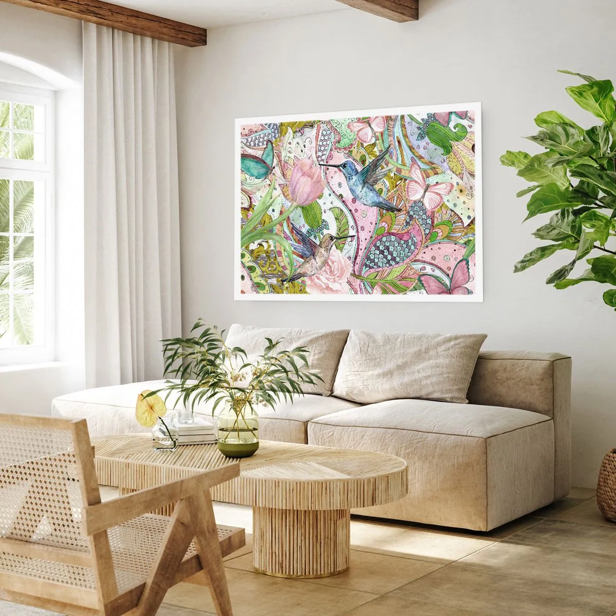 Plakat - Kolorowe kolibry i motyle wśród roślin - 100x70cm - Wplątane w pnączach - Nowoczesna dekoracja ścienna do salonu i sypialni ARTTOR