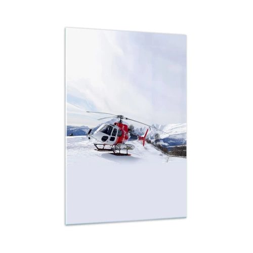 Obraz na szkle - Czerwony helikopter na śnieżnym tle z górskim krajobrazem - 70x100cm - Zawsze gotowy - Nowoczesna dekoracja ścienna do salonu i sypialni ARTTOR