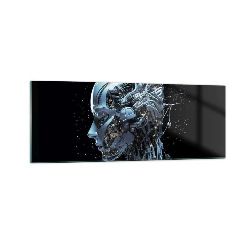 Obraz na szkle - Futurystyczny portret cyborga w industrialnym stylu na czarnym tle - 140x50cm - Technologia jest kobietą - Nowoczesna dekoracja ścienna do salonu i sypialni ARTTOR