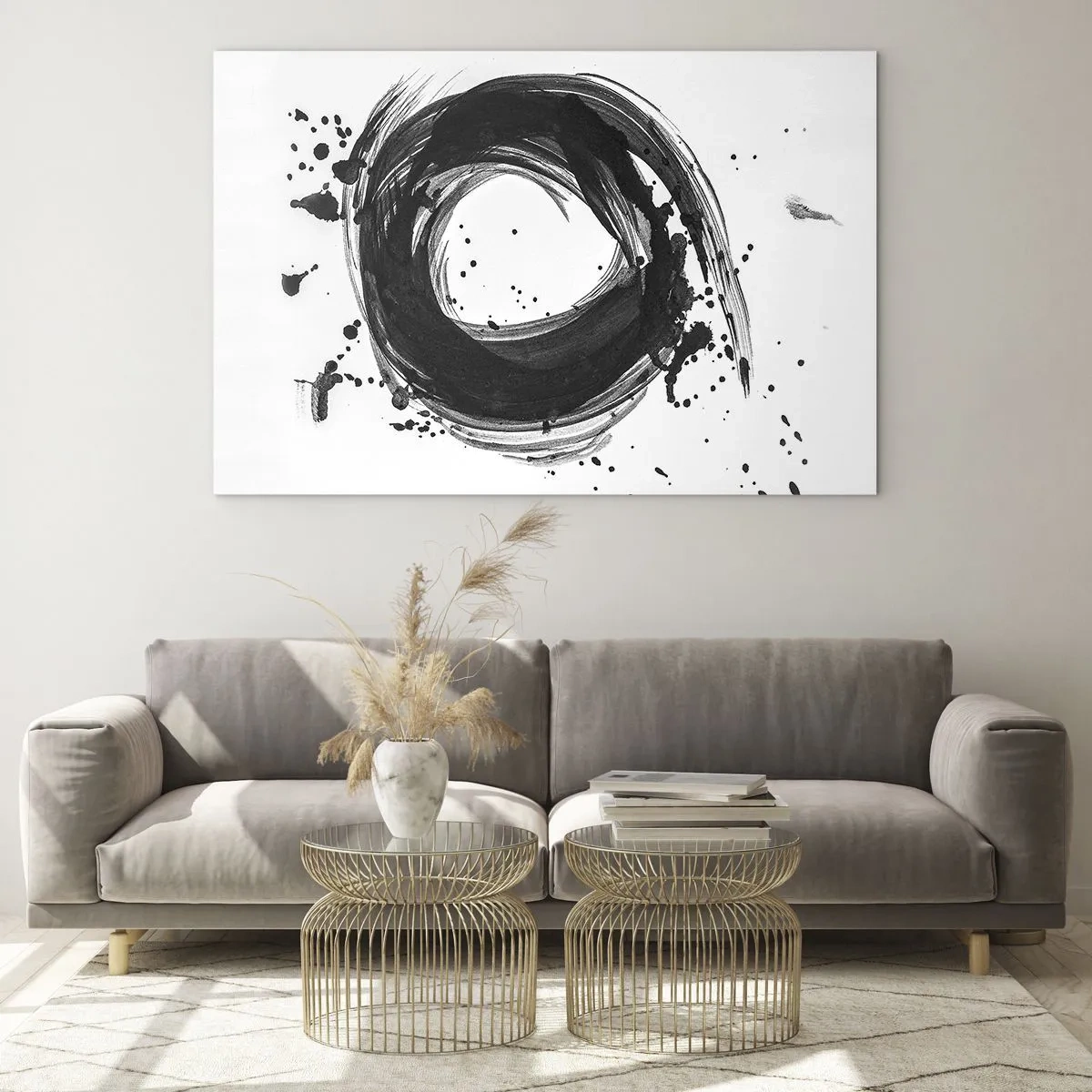 Obraz na szkle - Minimalistyczna kompozycja w formie czarnego pędzla na bieli - 70x50cm - Wir tworzenia - Nowoczesna dekoracja ścienna do salonu i sypialni ARTTOR