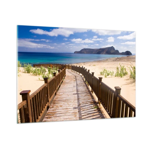 Obraz na szkle - Drewniana ścieżka na plaży prowadząca do morza - 100x70cm - Zabierz mnie na wyspy szczęśliwe - Nowoczesna dekoracja ścienna do salonu, kuchni i sypialni ARTTOR