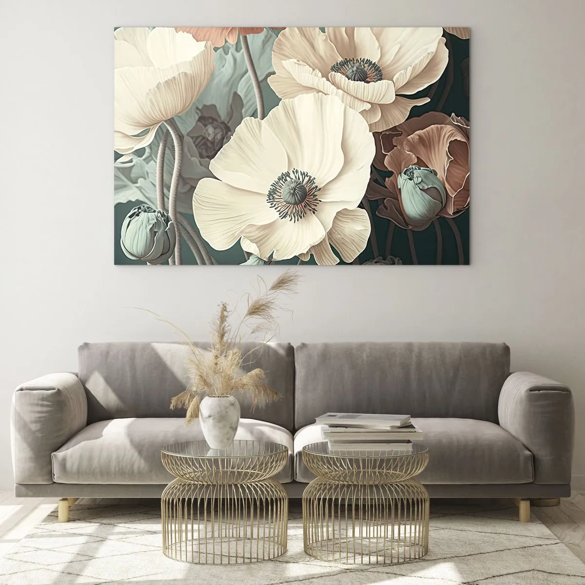 Obraz na szkle - Delikatne kremowe i łososiowe maki na ciemnym tle - 70x50cm - Szept maków - Nowoczesna dekoracja ścienna do salonu i sypialni ARTTOR