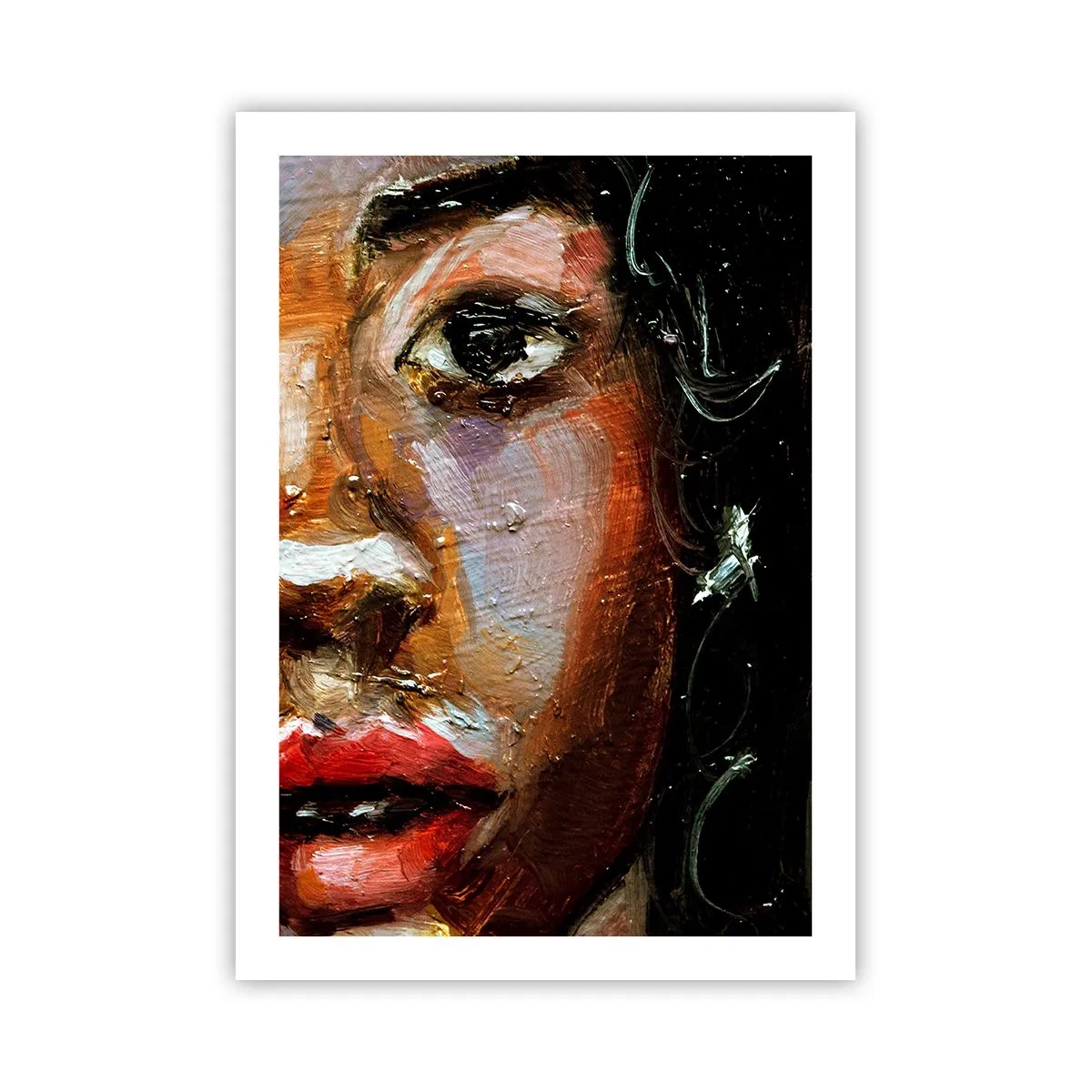 Plakat - Abstrakcyjny portret kobiety w intensywnych barwach z wyrazistym okiem - 50x70cm - Czerń i blask - Nowoczesna dekoracja ścienna do salonu, kuchni i sypialni ARTTOR