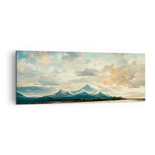 Obraz na płótnie - Malowniczy krajobraz z górą i spokojnym jeziorem - 140x50cm - Pod opieką nieba - Nowoczesna dekoracja ścienna do salonu i sypialni ARTTOR