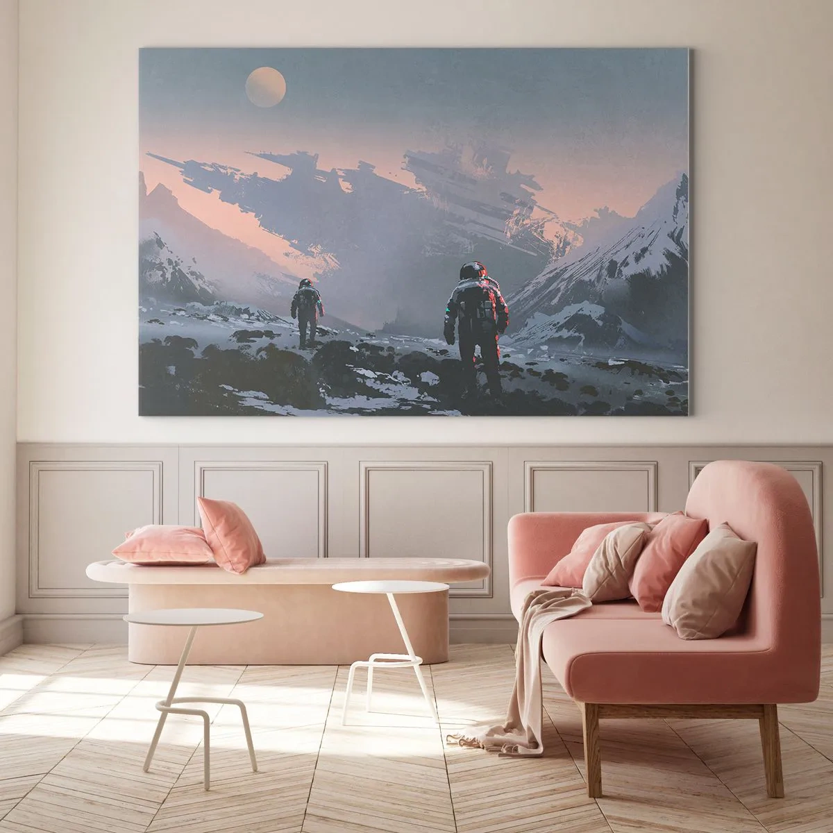 Obraz na szkle - Astronauci na obcej planecie z wrakiem statku w tle - 70x50cm - Pod nieznaną gwiazdą - Nowoczesna dekoracja ścienna do salonu i sypialni ARTTOR